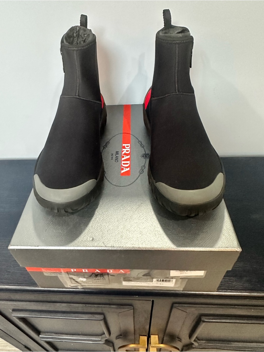 Prada Black Neoprene Ankle Boots with Red Heel Panels brand new never used!
